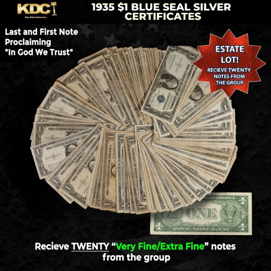 20x 1935 $1 Blue Seal Silver Certificates Grades VF/XF