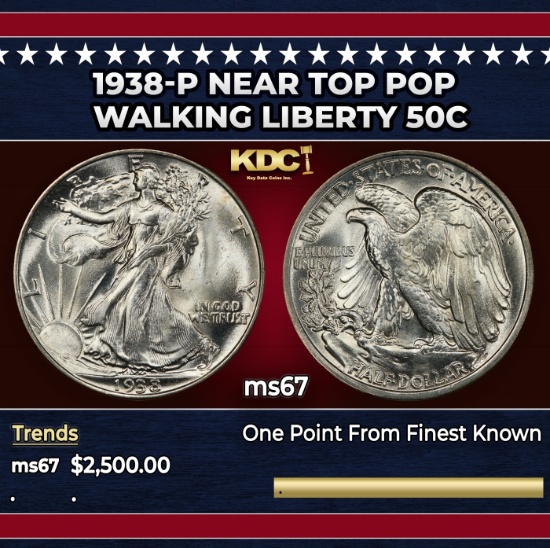 1938-p Walking Liberty Half Dollar Near Top Pop 50c ms67 SEGS