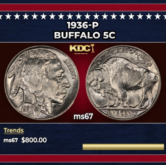 1936-p Buffalo Nickel 5c ms67 SEGS