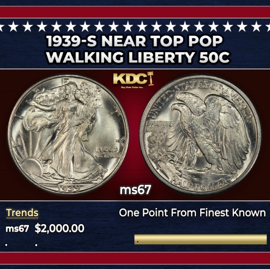 1939-s Walking Liberty Half Dollar Near Top Pop 50c ms67 SEGS