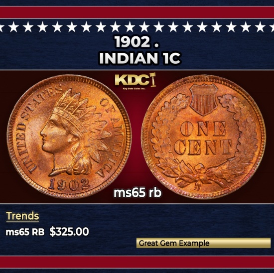 1902 Indian Cent . 1c Grades ms65 rb