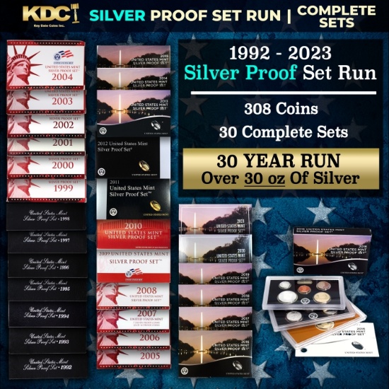 1992-2021 30 Years of US Mint SILVER Proof Sets, 308 Coins Total, 30 Complete Sets Over 30oz Of Silv