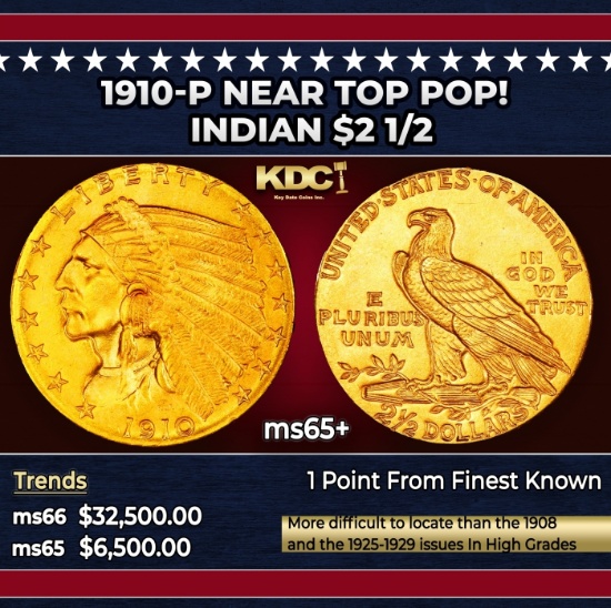 1910-p Gold Indian Quarter Eagle Near Top Pop! $2 1/2 ms65+ SEGS