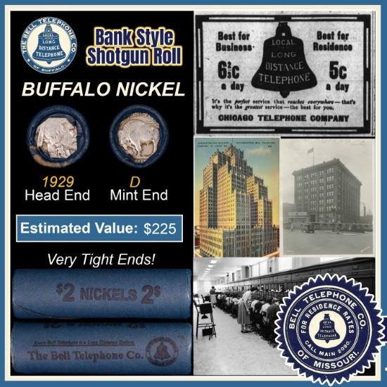 Buffalo Nickel Shotgun Roll in Old Bank Style 'Bell Telephone' Wrapper 1929 & D Mint Ends