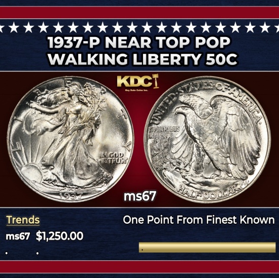 1937-p Walking Liberty Half Dollar Near Top Pop 50c ms67 SEGS