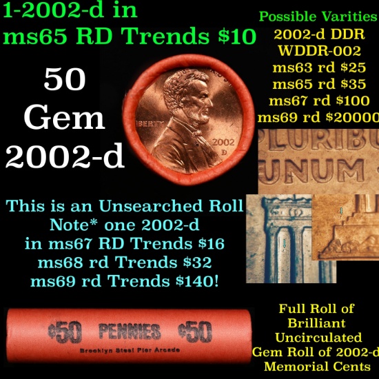 BU Shotgun Lincoln 1c roll, 2002-d 50 pcs Bank Wrapper 50c