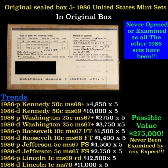 Original sealed box Of 5x 1986 United States Mint Set
