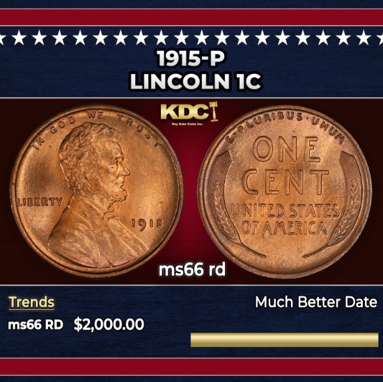 1915-p Lincoln Cent 1c ms66 rd SEGS