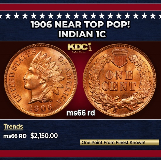 1906 Indian Cent Near Top Pop! 1c ms66 rd SEGS
