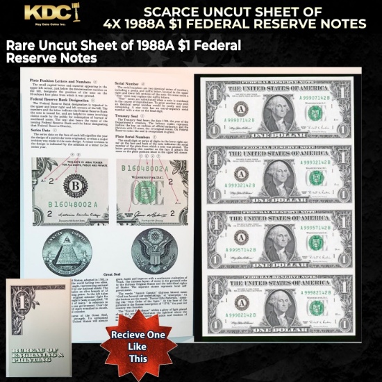 Scarce Uncut Sheet of 4x 1995 $1 Federal Reserve Notes In BeP Folder