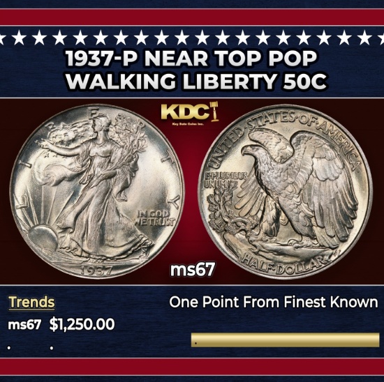 1937-p Walking Liberty Half Dollar Near Top Pop 50c ms67 SEGS