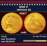 1908-p Gold Indian Half Eagle $5 ms65 USCG
