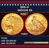 1910-p Gold Indian Half Eagle $5 ms64+ USCG