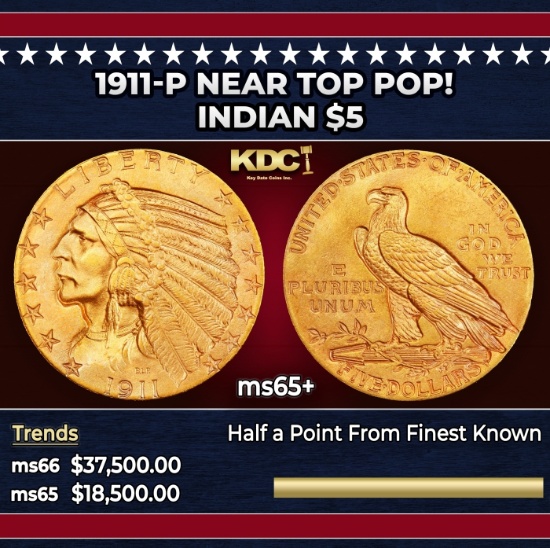 1911-p Gold Indian Half Eagle Near Top Pop! $5 ms65+ USCG
