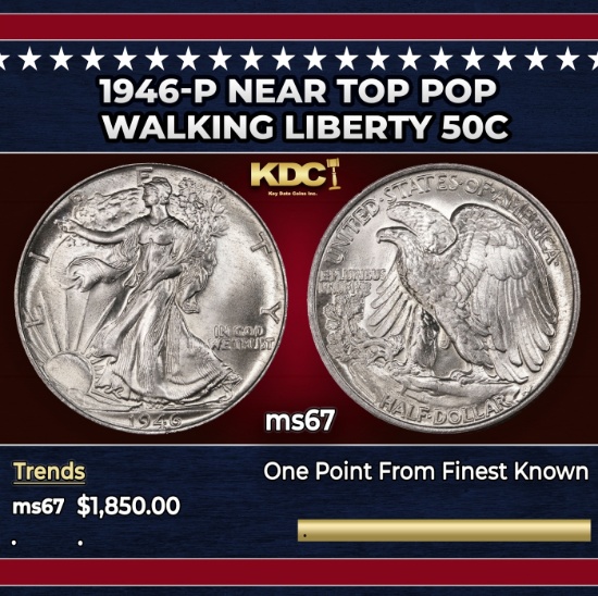 1946-p Walking Liberty Half Dollar Near Top Pop 50c ms67 SEGS