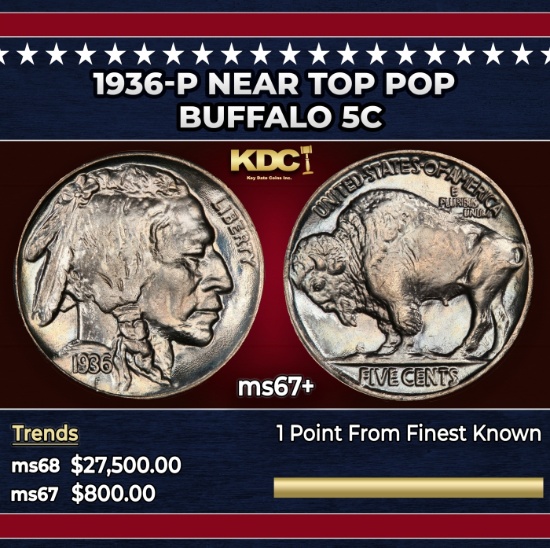 1936-p Buffalo Nickel Near Top Pop 5c ms67+ SEGS