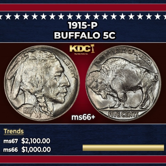1915-p Buffalo Nickel 5c ms66+ SEGS