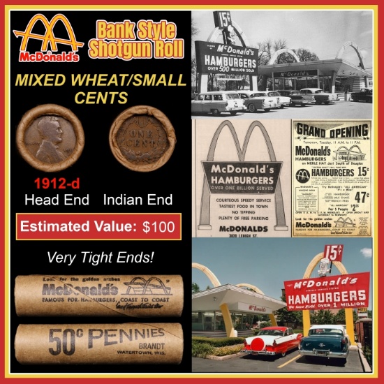 Lincoln Wheat Cent 1c Mixed Roll Orig Brandt McDonalds Wrapper, 1912-d end, Indian other end