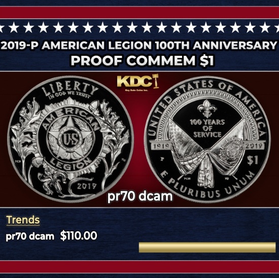 2019-p American Legion Proof Modern Commem Dollar 100th Anniversary $1 pr70 dcam SEGS