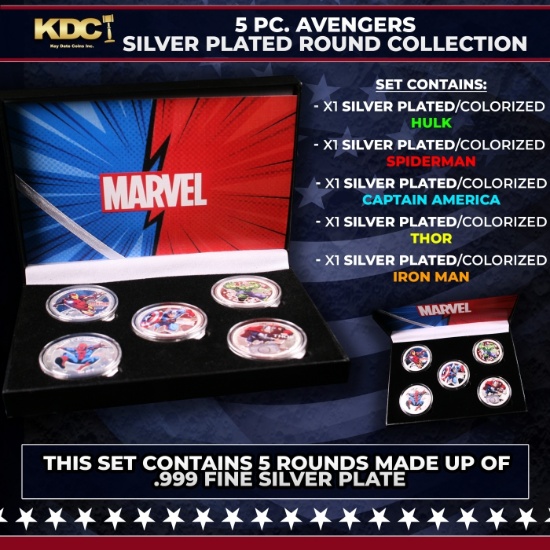 5 Coin Marvel Disney Avengers Silver Plated Round Collection Spider-Man, Hulk, Captain America, Thor
