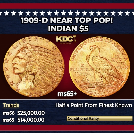 1909-d Gold Indian Half Eagle Near Top Pop! $5 ms65+ USCG
