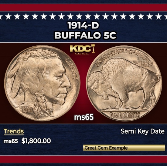 1914-d Buffalo Nickel 5c ms65 SEGS