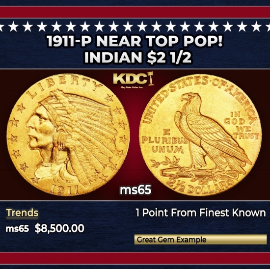 1911-p Gold Indian Quarter Eagle Near Top Pop! $2 1/2 ms65 SEGS