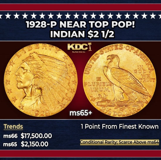 1928-p Gold Indian Quarter Eagle Near Top Pop! $2 1/2 ms65+ SEGS