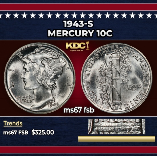 1943-s Mercury Dime 10c ms67 fsb SEGS