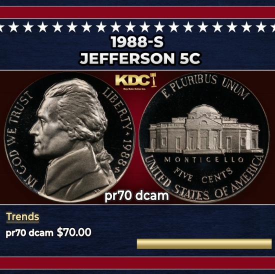 1988-s Proof Jefferson Nickel 5c pr70 dcam SEGS
