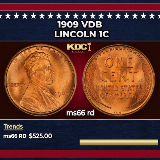 1909 VDB Lincoln Cent 1c Grades ms66 rd