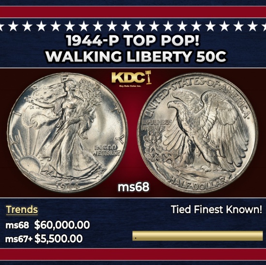 1944-p Walking Liberty Half Dollar TOP POP! 50c ms68 SEGS
