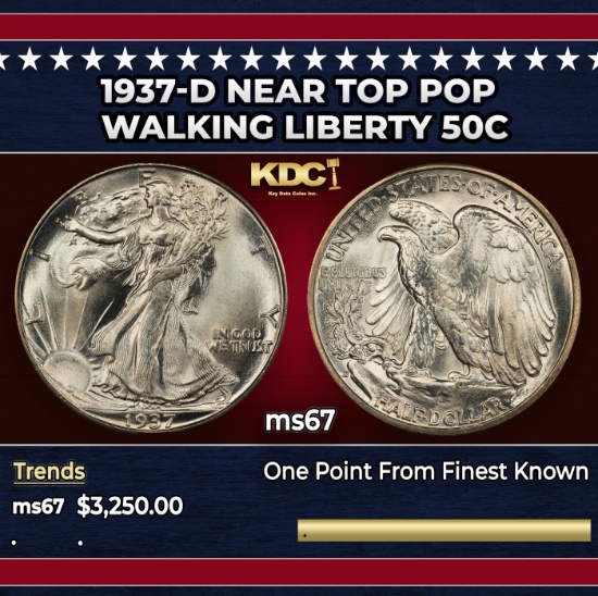1937-d Walking Liberty Half Dollar Near Top Pop 50c ms67 SEGS