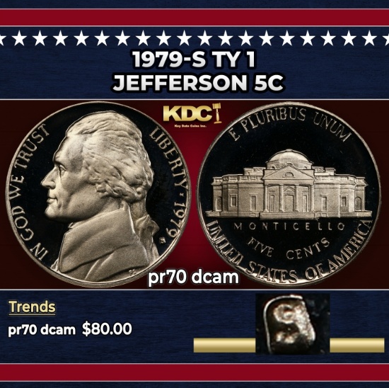 1979-s Ty 1 Proof Jefferson Nickel 5c pr70 dcam SEGS