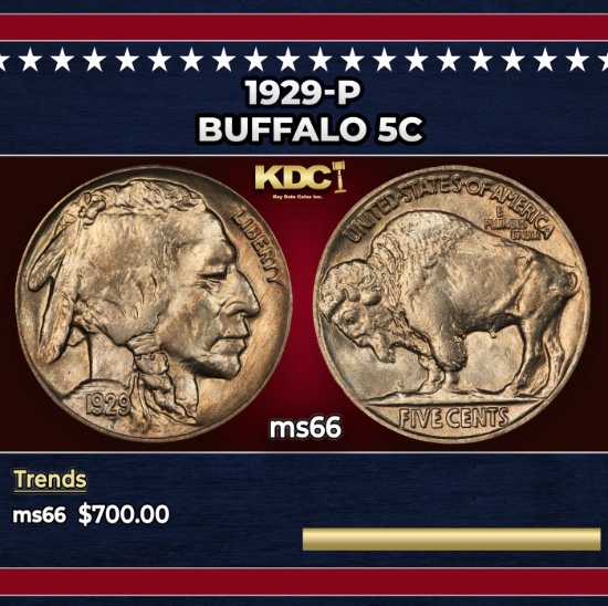 1929-p Buffalo Nickel 5c Grades ms66