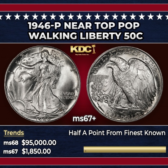 1946-p Walking Liberty Half Dollar Near Top Pop 50c ms67+ SEGS