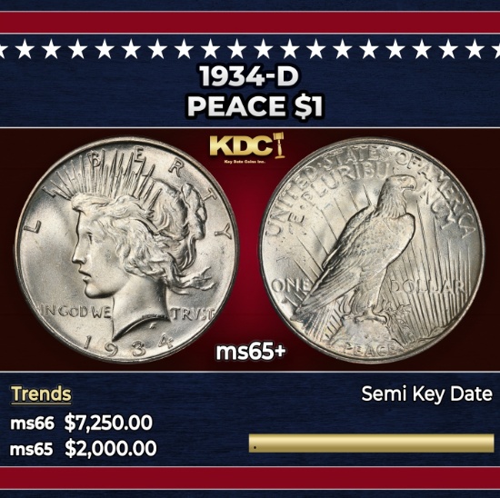 1934-d Peace Dollar $1 ms65+ SEGS