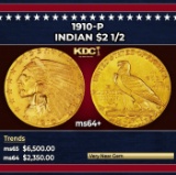 1910-p Gold Indian Quarter Eagle $2 1/2 ms64+ SEGS