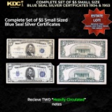 Complete Set of $5 Small Size Blue Seal Silver Certficates 1934 & 1953 Heavily Circulated