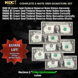 Complete 1969 $1 Green Seal Federal Reserve Note Signature Set 1969, 1969A, 1969B, 1969C, 1969D 5Not