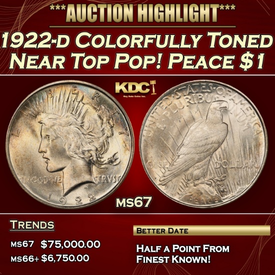 1922-d Peace Dollar Colorfully Toned Near Top Pop! $1 ms67 SEGS