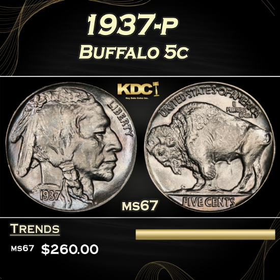 1937-p Buffalo Nickel 5c ms67 SEGS