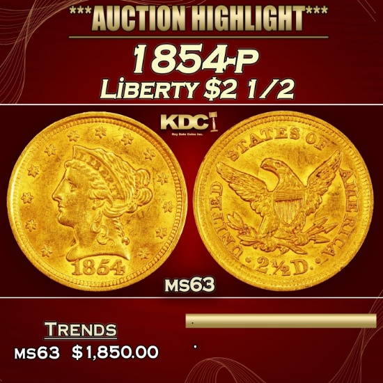 1854-p Gold Liberty Quarter Eagle $2 1/2 ms63 SEGS