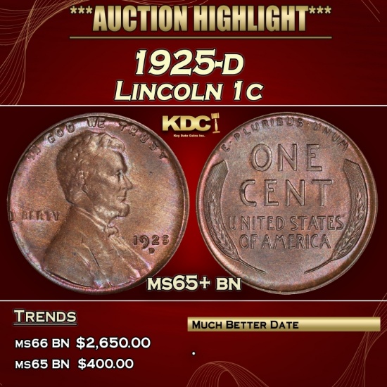 1925-d Lincoln Cent 1c ms65+ bn SEGS