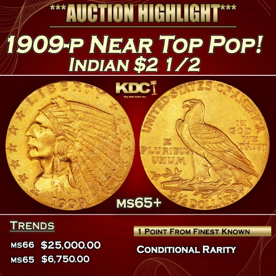 1909-p Gold Indian Quarter Eagle Near Top Pop! $2 1/2 ms65+ SEGS