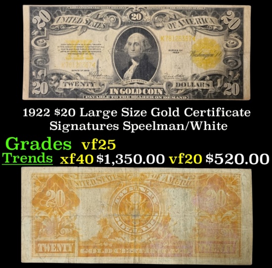 1922 $20 Large Size Gold Certificate Grades vf+ Signatures Speelman/White