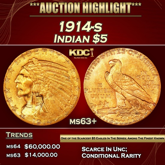 1914-s Gold Indian Half Eagle $5 ms63+ USCG