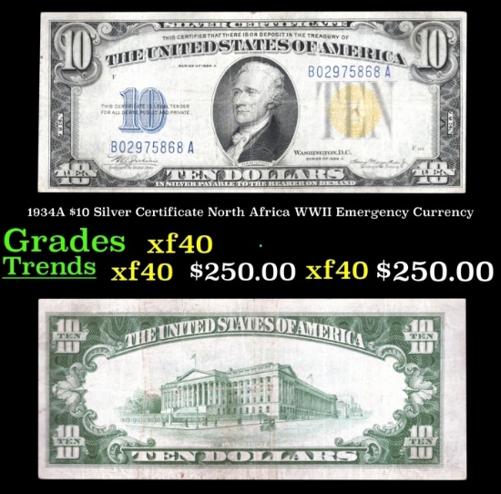 1934A $10 Silver Certificate North Africa WWII Emergency Currency Grades xf40