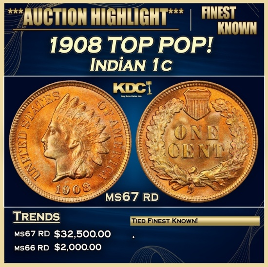 1908 Indian Cent TOP POP! 1c ms67 rd SEGS