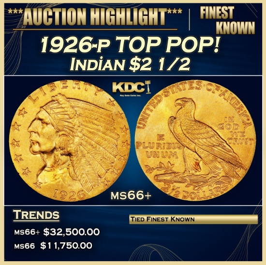 1926-p Gold Indian Quarter Eagle TOP POP! $2 1/2 ms66+ USCG